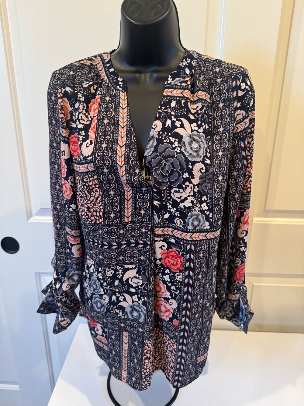 New York & Company Navy Floral Patchwork Top with Pink Accents